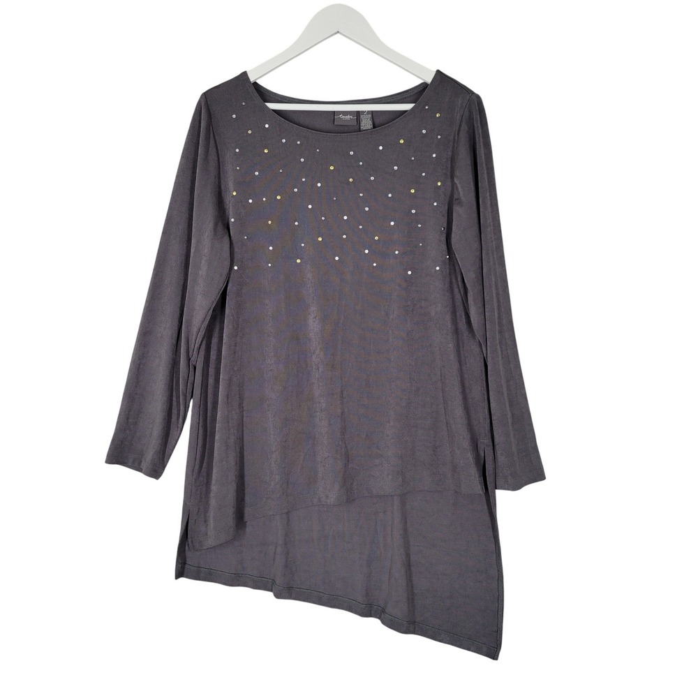 Chico's Travelers Tunic Women Size 2 Gray Studded Asymmetrical Long Sleeve Top